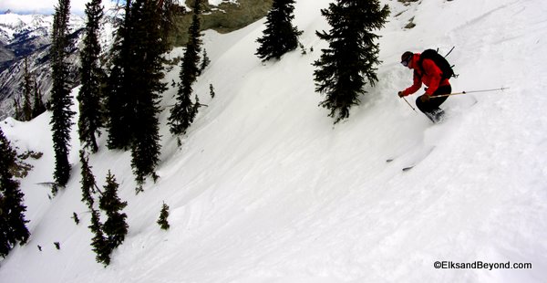 Anton getting what we came for on our first of three runs.  This on a more North Facing aspect that held decent Pow.