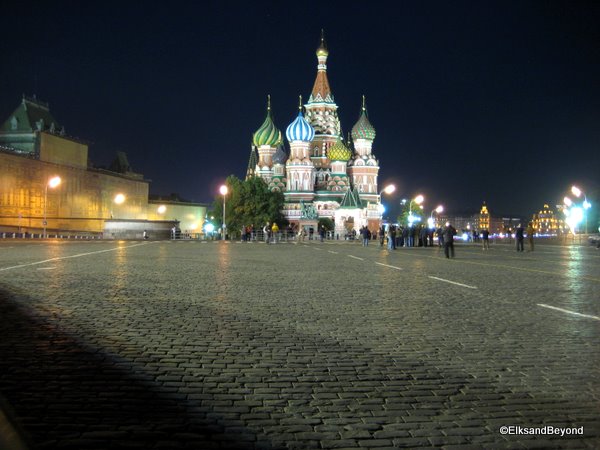 Red Square and Saint Basil's Cathedral in Moscow Russia before heading off to ski Mount Elbrus.