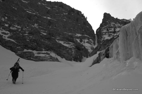 Tom leads the charge past numerous ice water falls that spread their slickness onto our snow. Photo-Anton Sponar