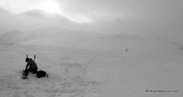 Dave approaches through the clouds in Pearl Basin.