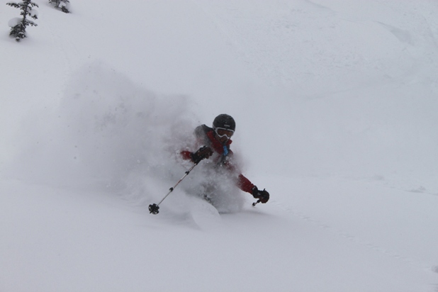 February was an excellent month for pow skiing, especially when life hands you a long time off.  Here Derek Dreschel shedding in the whiteroom.