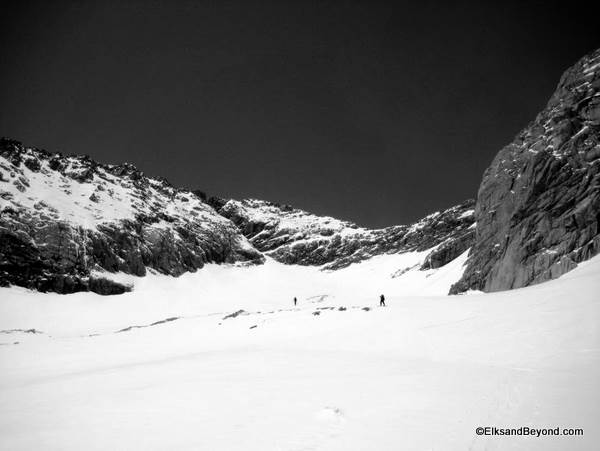 We skinned from our camp at 10950 ft to the base of the couloir at 13500 ft.