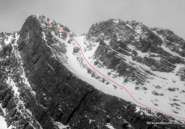Our line.  Red= Ski.  Blue=Rappel.  Green=downclimb.   Photo Nick