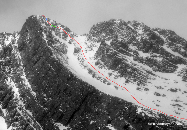 7 Our line. Red= Ski. Blue=Rappel. Green=downclimb. Photo Nick