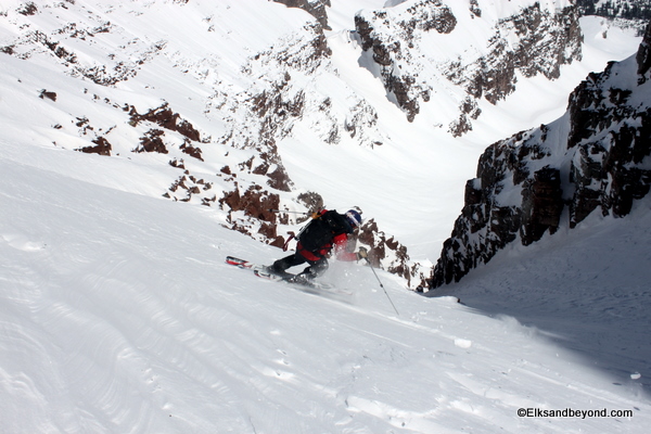 The ski conditions were variable in the couloir.