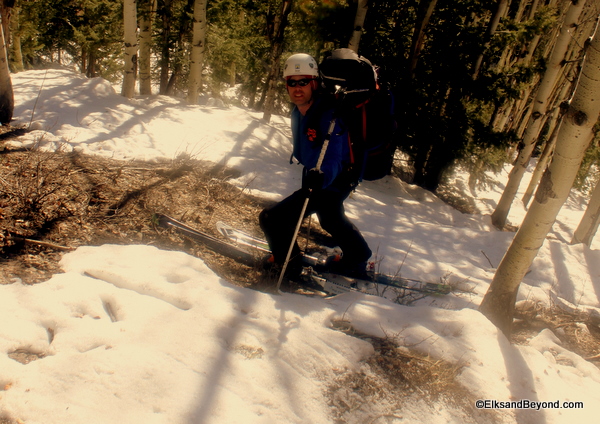 Nick finding a bare spot.  We hoped this would be the most treacherous skiing of the trip, but sadly we were mistaken.