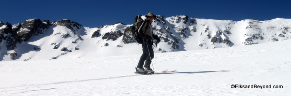 The line we skied is the small bowl just to the left of Ben.