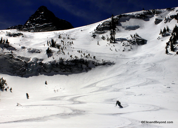 Nick Skiing as the Wham Ridge looks on.