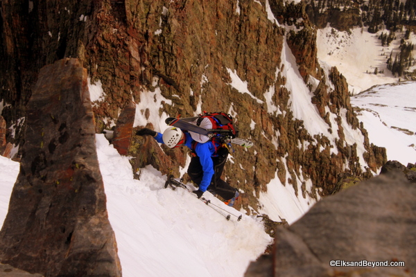 Nick makes the last move to gain the short summit ridge (picture taken from summit).