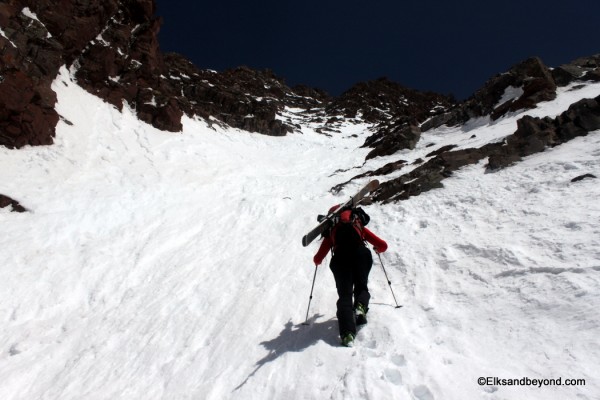 Matt starts the booter up the west face of North Maroon.