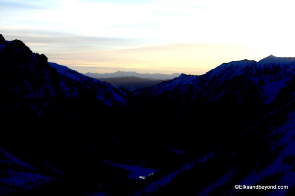 Sunrise from up high.  That is Maroon lake peaking out down below. (Click to Enlarge)