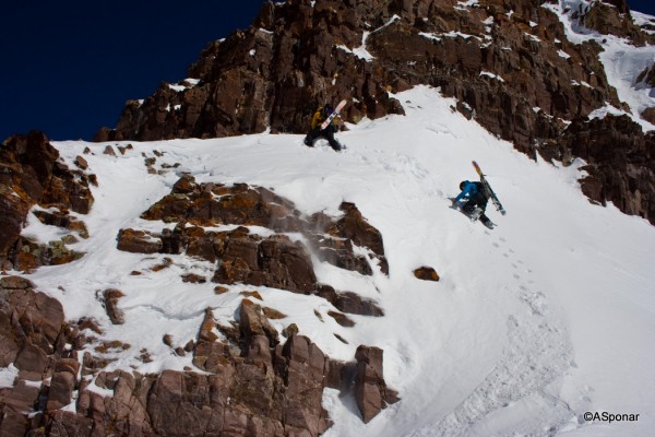 Starting up the ridge from the top of the Couloir.  Me in the yellow and Ari in the Blue.