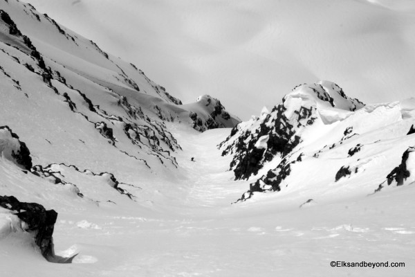 A splitboarder from Crested Butte finishing off the couloir ahead of us.