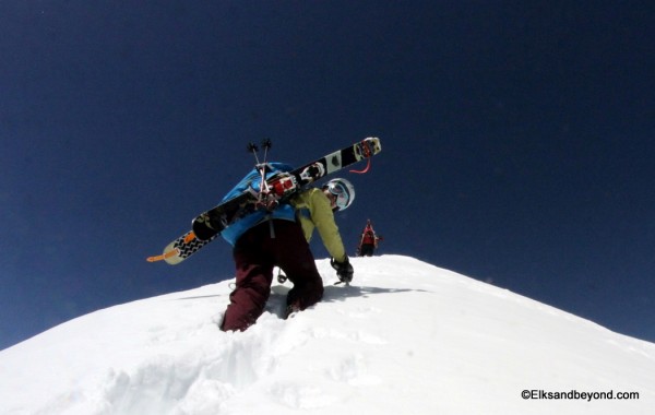 Here she is just nearing the summit of Pyramid for her second to last ski descent.