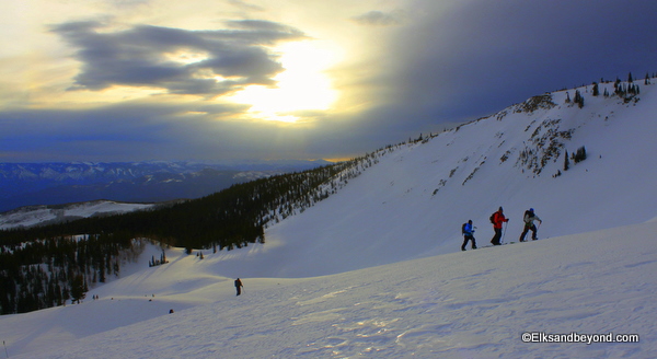 Some splitboarders from the other crew as the sun begins to fill the sky.