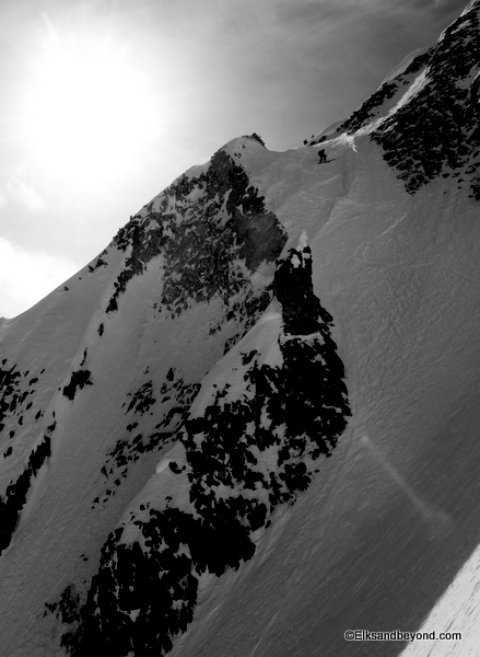 Lou getting into the somewhat scary entrance to the chute.  Exposed on one side and fairly steep.