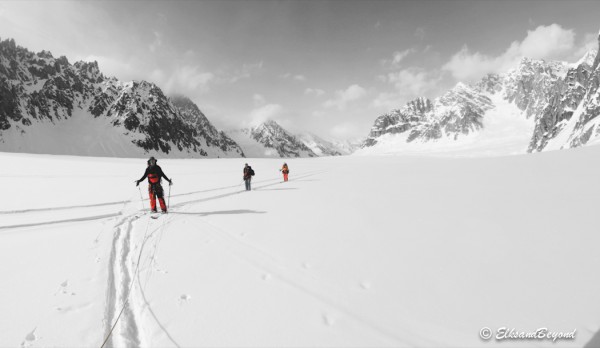 Flat walking means roped up walking.  The glacier goes on forever.