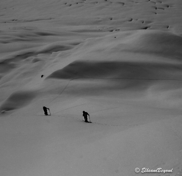 Matt and Brad skinning mellow terrain to reach the good stuff.  