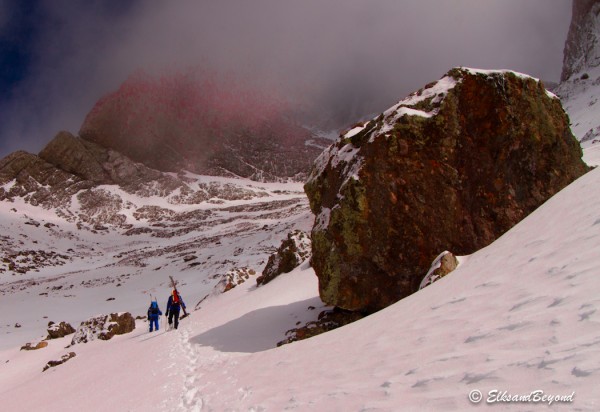 The weather cleared as we started our bootpack up the Cole Couloir.