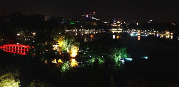 Hoan Kiem Lake and the Hanoi Skyline from atop a nearby restaurant.  