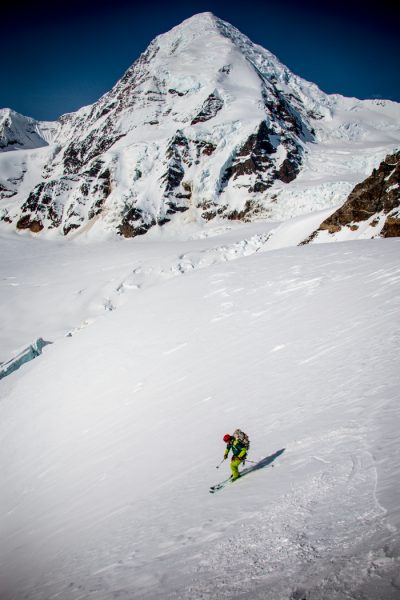 Mount Hayes looks on as we ski everything but it.  Photo Anton