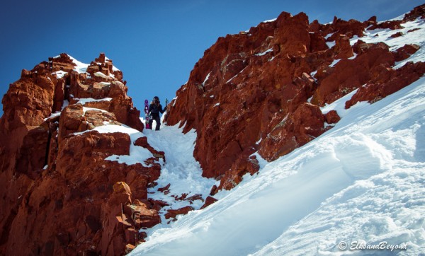 Lauren Bullard making the down climb to our chosen line in Maroon bowl.