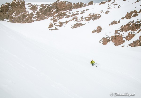 Evan on our first descent.  A nice, wide, 30 degree couloir that went for about 1000 feet.  Oh, and it was pow.