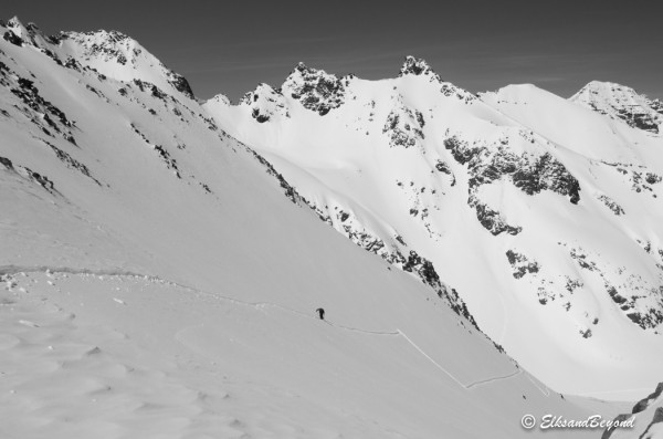 Colter on the final piece of skin track to the top.  